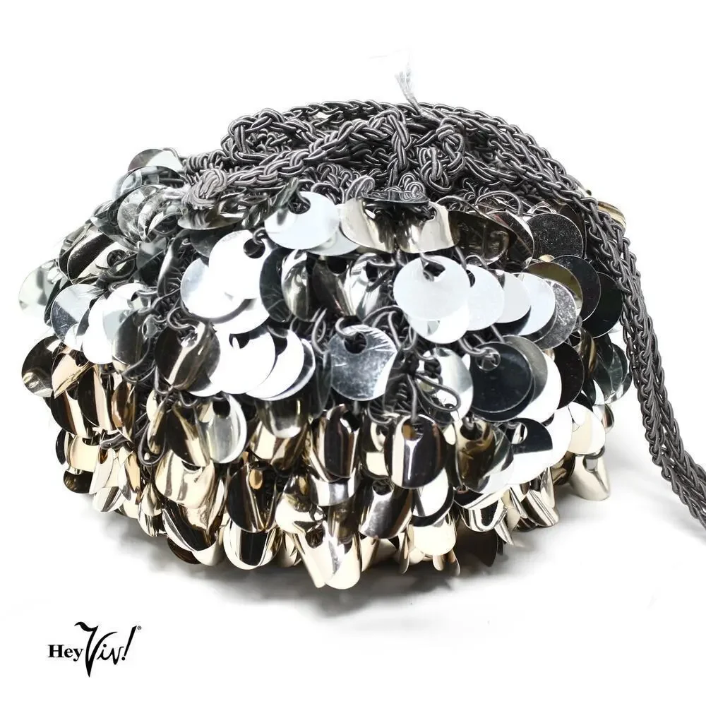 Vintage Evening Purse Gold and Silver Paillettes Crochet Drawstring Bag -Hey Viv